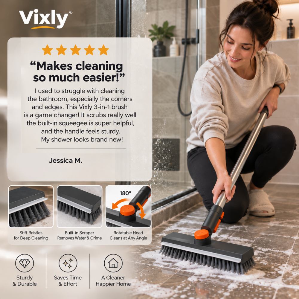 VIXLY 3-in-1 Long Handle Cleaning Brush & Floor Scrubber