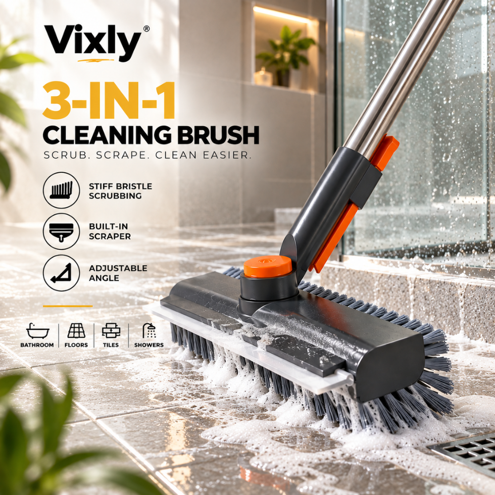 VIXLY 3-in-1 Long Handle Cleaning Brush & Floor Scrubber