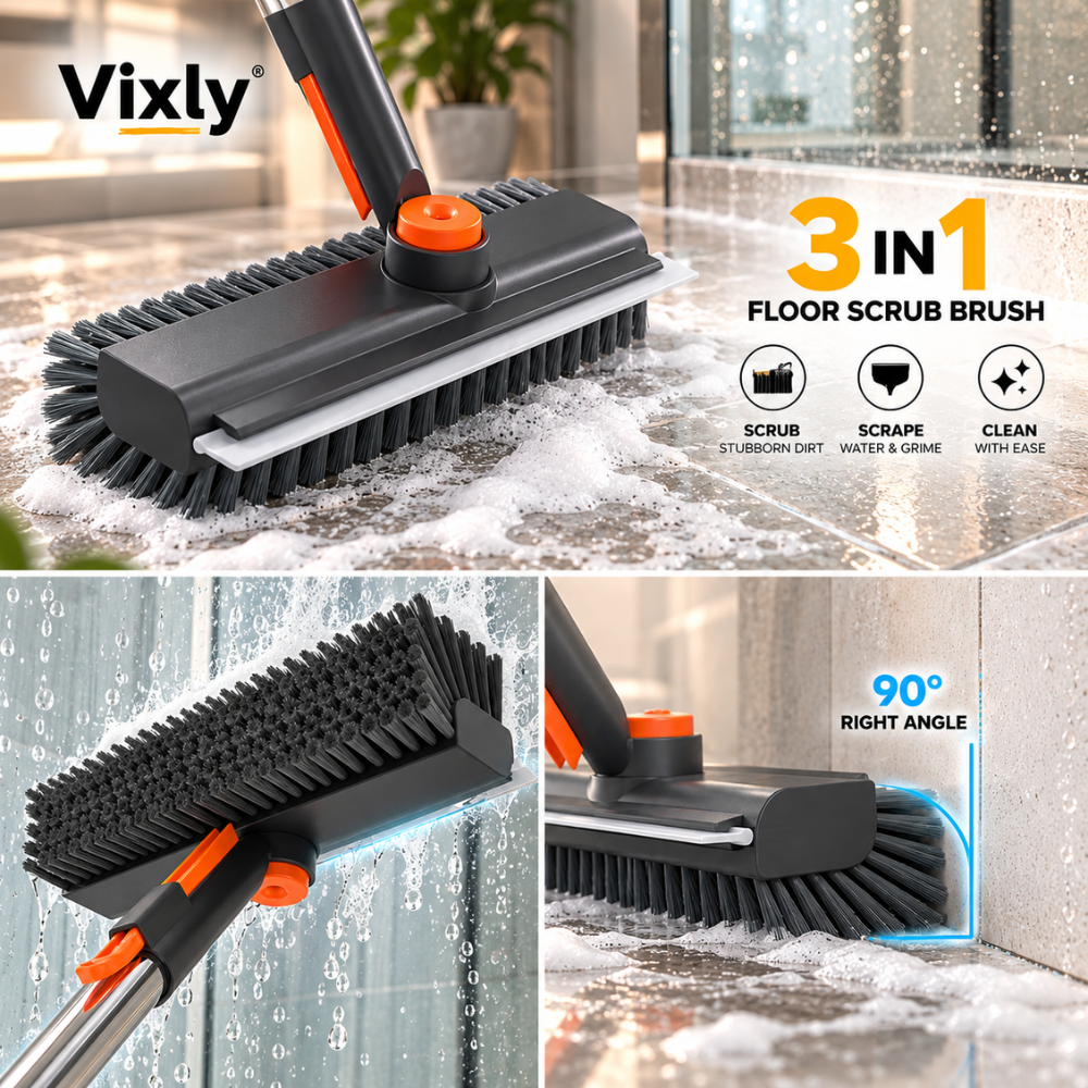 VIXLY 3-in-1 Long Handle Cleaning Brush & Floor Scrubber