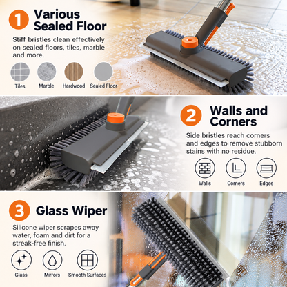 VIXLY 3-in-1 Long Handle Cleaning Brush & Floor Scrubber